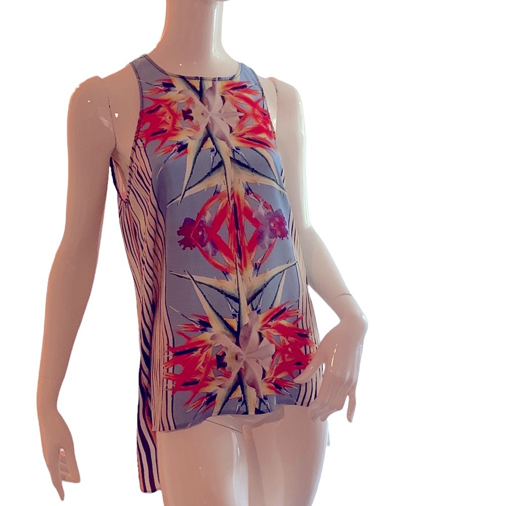 Clover Canyon floral print silk open back sleeveless blouse size M